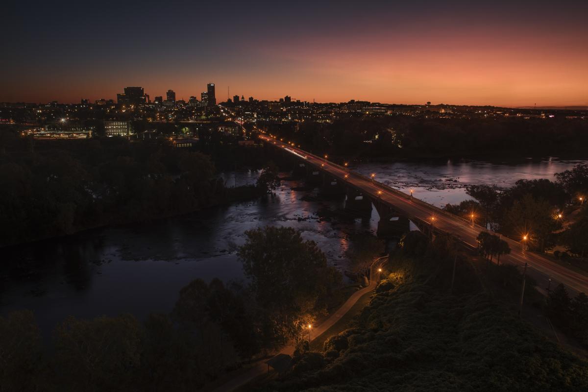 Downtown Columbia, SC skyline at dusk